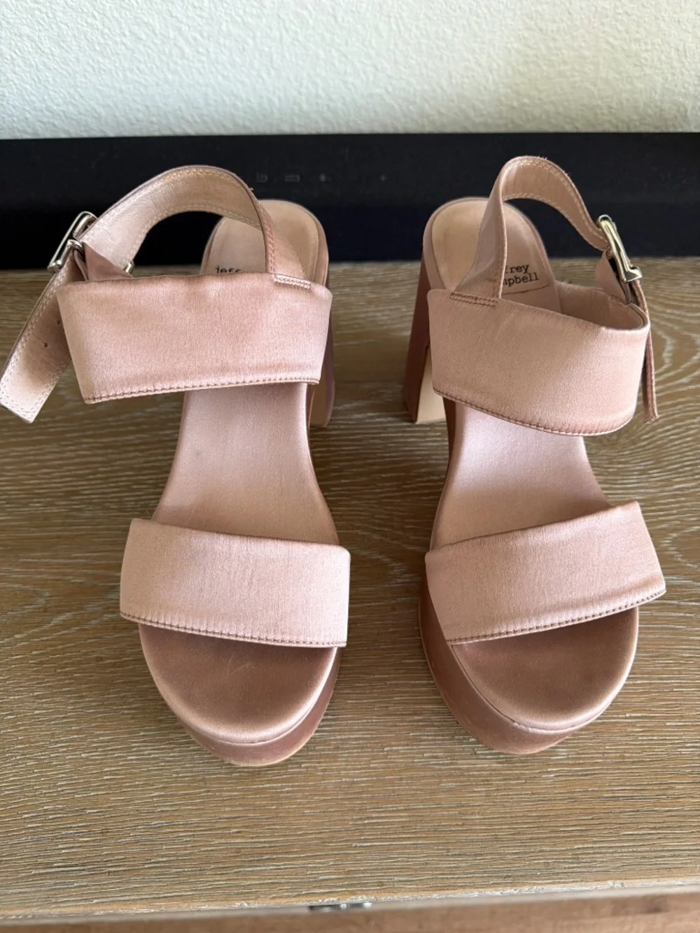 Jeffrey Campbell Moody Taupe Satin platform strap ankle heel size 8.5